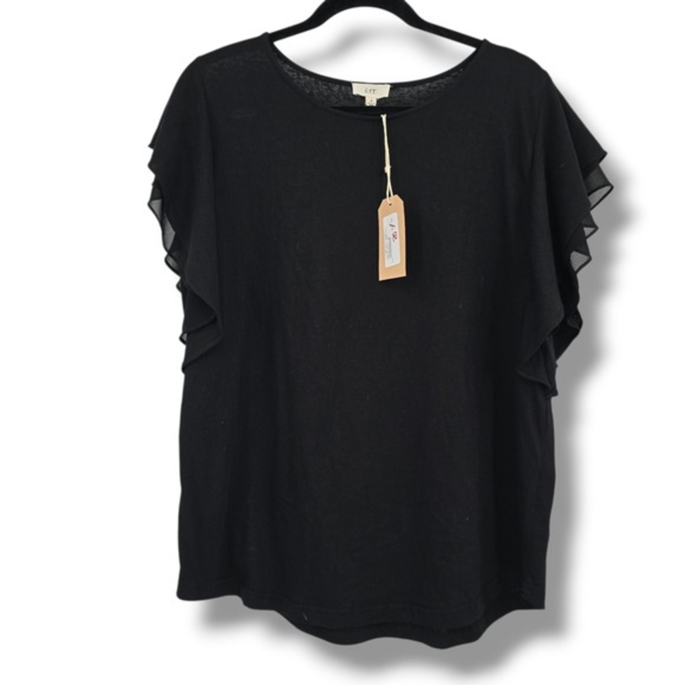 Ott‎ Black Flutter Sleeve Knit Top Round Neck Sheer Ruffle Womens Small NEW